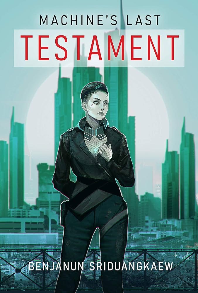 cover of machine's last testament; a woman standing against a futuristic city with tall skyscraper like buildings behind her
