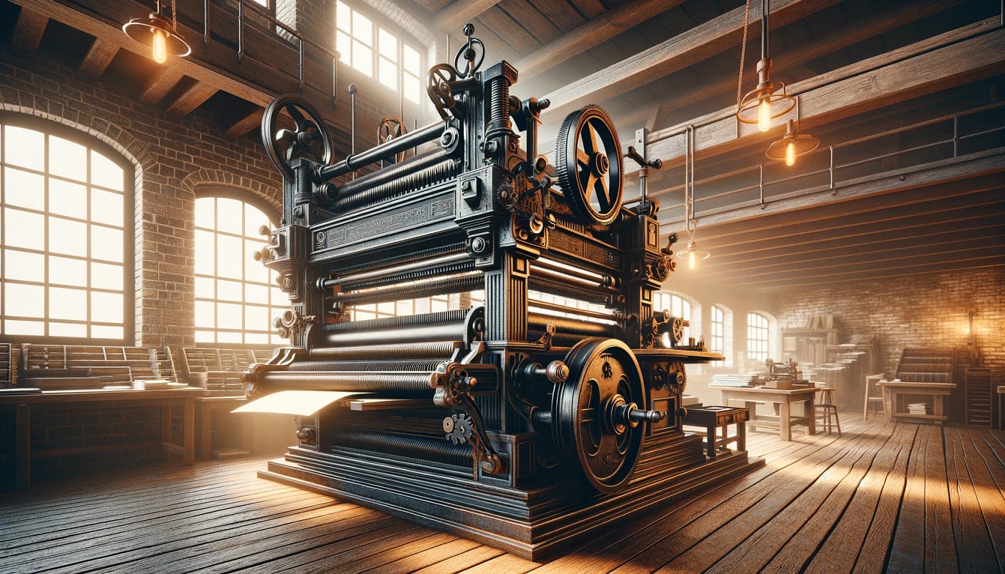 A highly detailed 4K resolution vector-style image of a traditional printing press. The scene is set in an old print shop, with wooden floors and brick walls. The printing press is large, made of dark metal and wood, with intricate gears and levers. It's in the process of printing, with sheets of paper visibly coming out. The room is lit by warm, ambient light, possibly from old-fashioned hanging lanterns, casting soft shadows and highlighting the press's complex machinery. The atmosphere should evoke a sense of historical craftsmanship and industry.