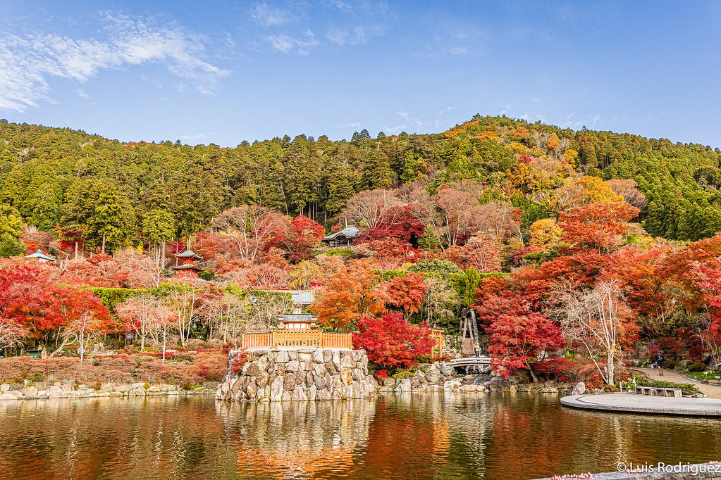 Complejo del templo Katsuo-ji en otoño, visto desde la entrada