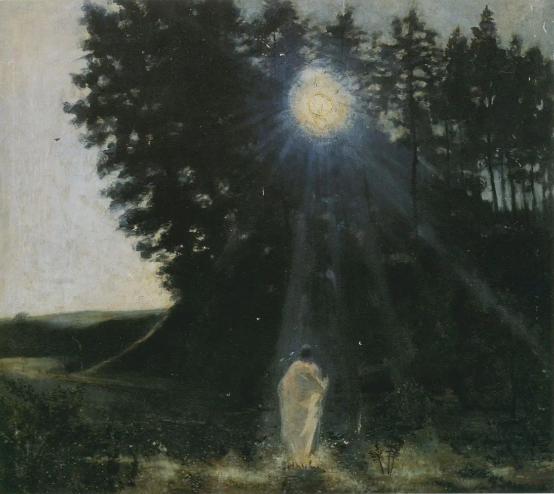 Painting of muted colors depicting a forest scene with a solitary figure in the foreground (their back to us) looking up at a bright orb of light
