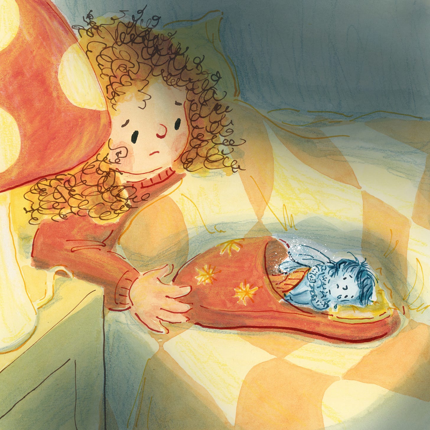 Night time scene of a young girl in her bed looking worried at a small winter fairy who is sleeping in her slipper. The winter fairy is crying gently and holding her knees. The scene is lit by a toadstool night light. Children's book style illustration by Nanette Regan