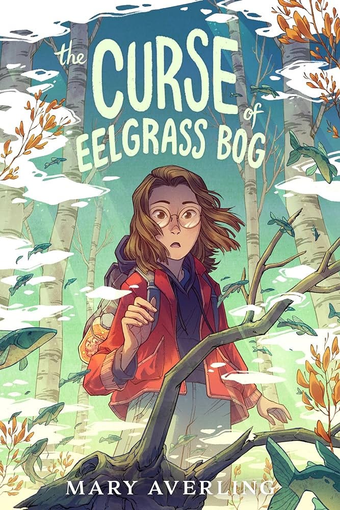 The Curse of Eelgrass Bog's cover shows a brunette tween wearing a red jacket, surrounded by trees and mist