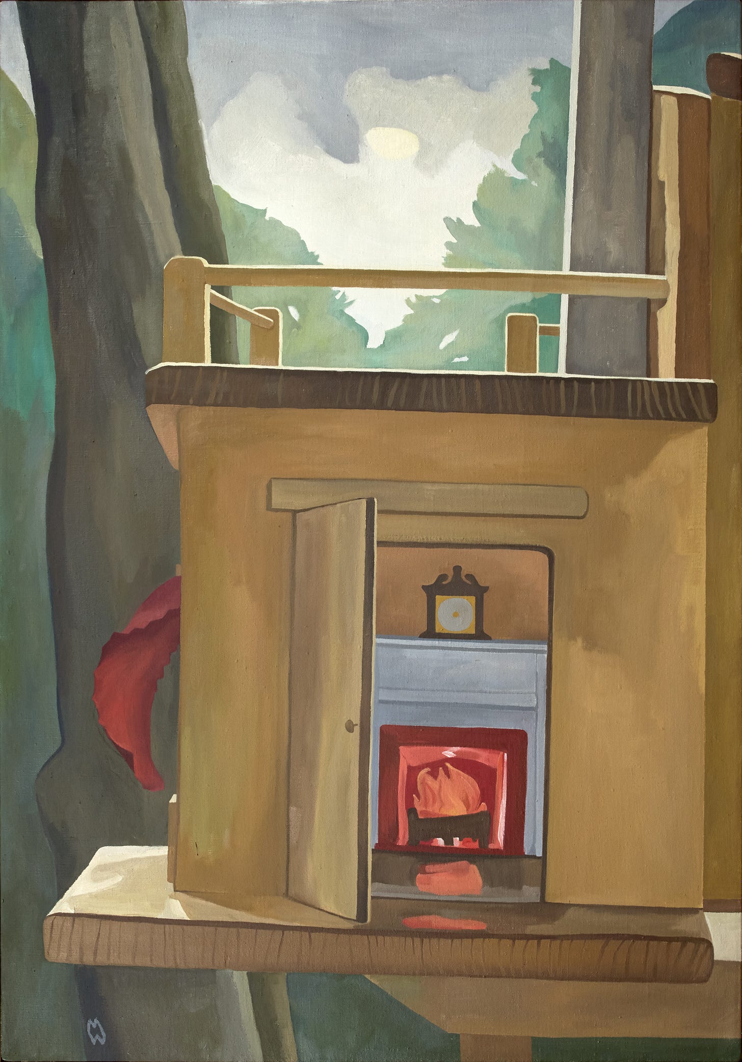 A portion of a dollhouse with woods behind and an open door to a lit fireplace.