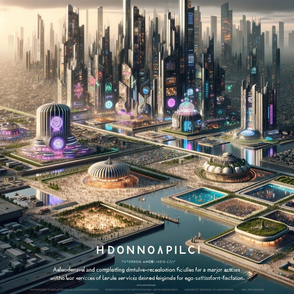 In a futuristic urban American setting, visualize a city dominated by hedonism, focusing on recreational spaces as a major aspect of urban life. This city, named Hedonompoli, features elaborate and complex leisure facilities and services designed for ego-satisfaction. The architecture is modern and extravagant, filled with vibrant entertainment venues, luxury spas, and expansive parks. Skyscrapers and high-tech structures reflect a shift from industrial to recreational use. Additionally, illustrate a contrasting area called Mobile Parisitopoli, characterized by temporary urban centers designed around local resources like fishing, mining, or military activities. These areas have a more utilitarian and impermanent look, with mobile structures and functional designs.