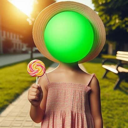 A child wearing a summer dress and holding a lollipop on a summer day. The child doesn't have a head but instead has a basic bright neon green sphere in its place. 