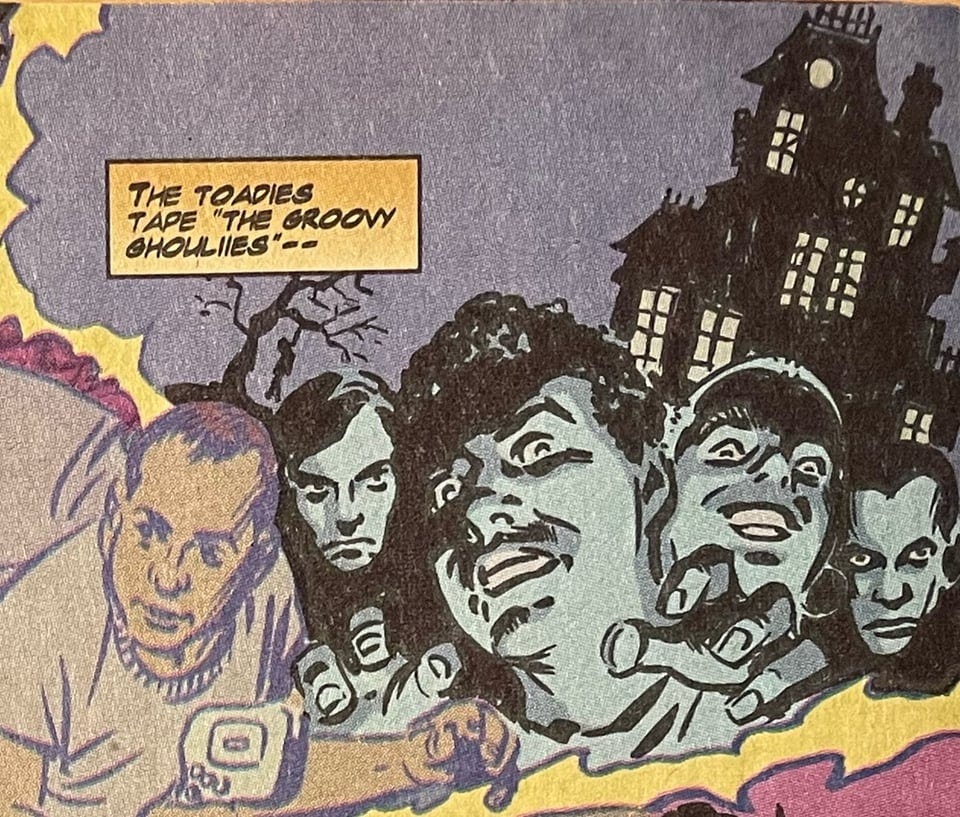 Toadies creepy caricature from Saturday Morning Comic. Band in front of a haunted castle