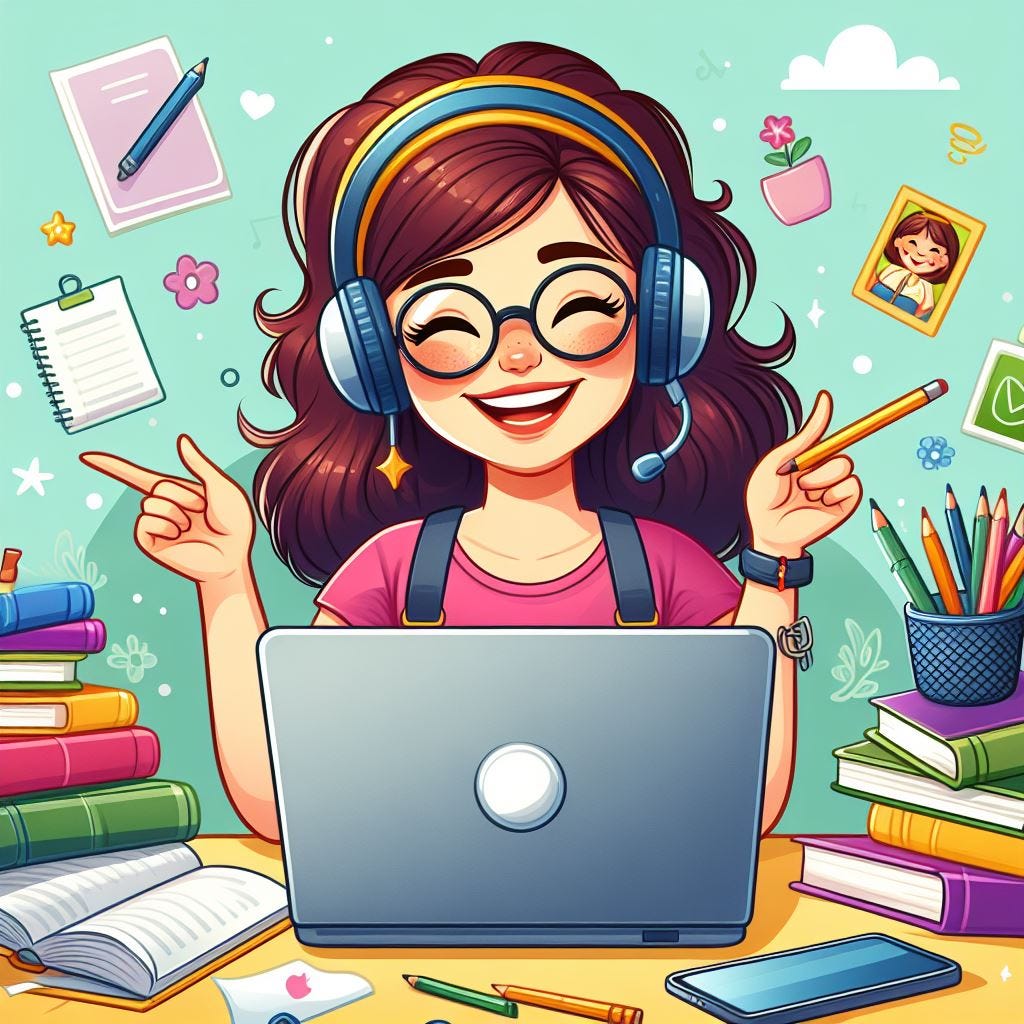 a cartoon image of a student using a laptop and being happy