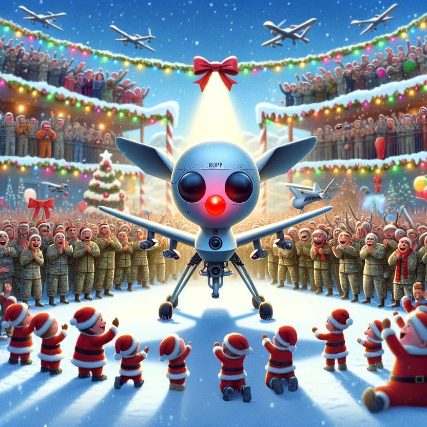 Rudolph the red nosed attack drone being praised by a crowd