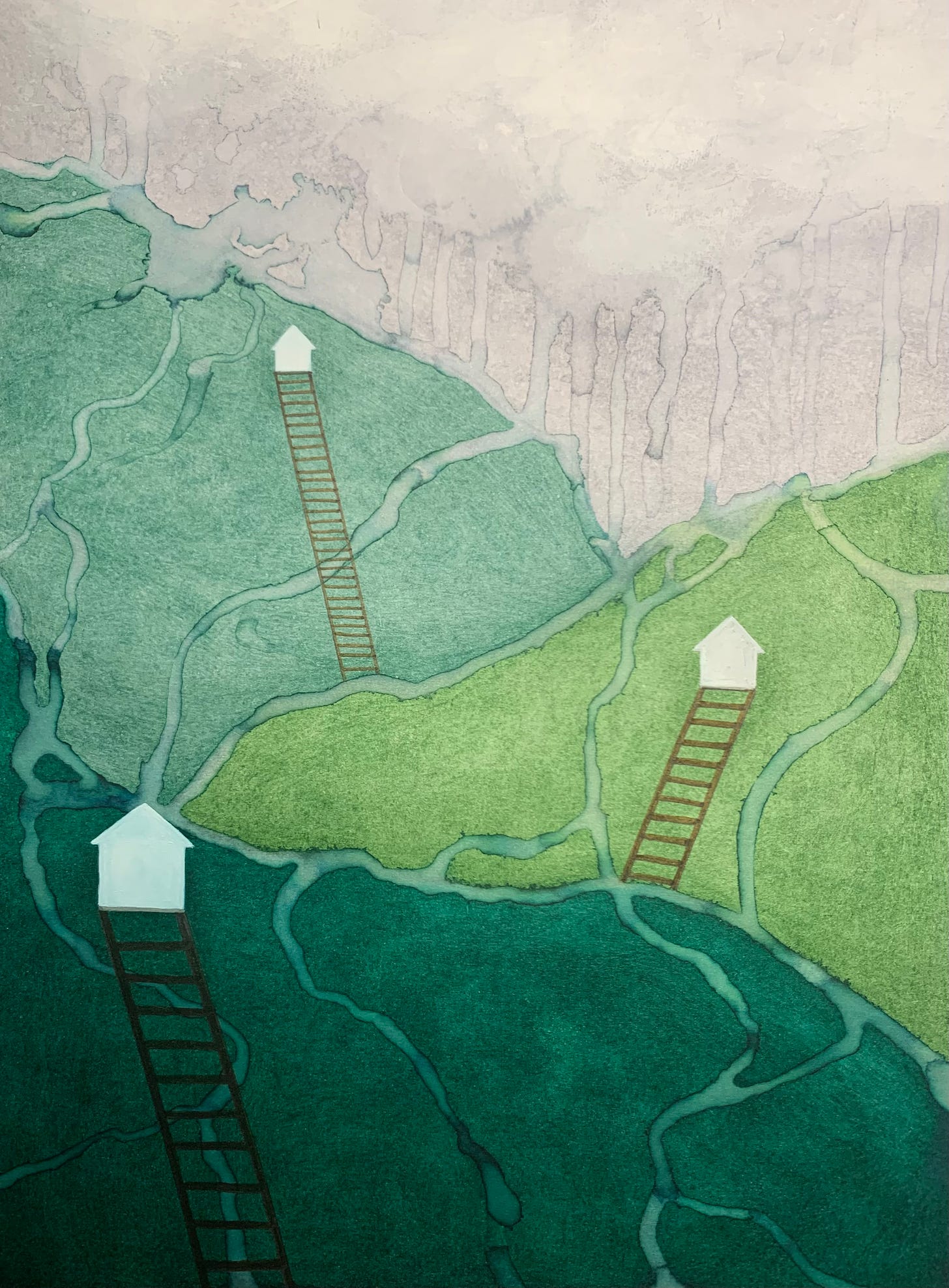 Three houses, each on its own green hill, with a tall white ladder leading to each house. Clouds drip onto the hills with a watercolour effect.