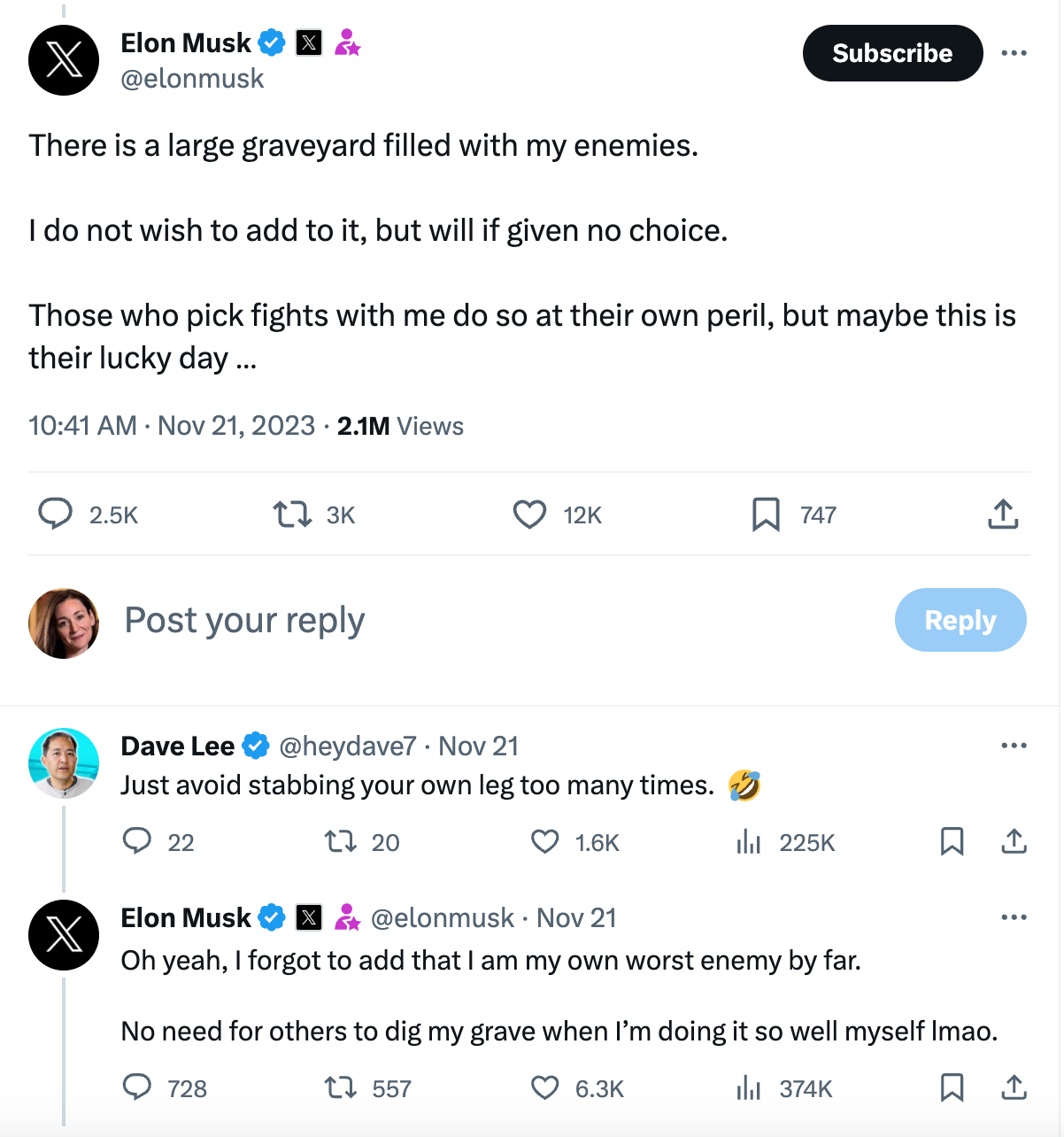 Musk Tweet: There is a large graveyard filled with my enemies.  I do not wish to add to it, but will if given no choice.  Those who pick fights with me do so at their own peril, but maybe this is their lucky day …