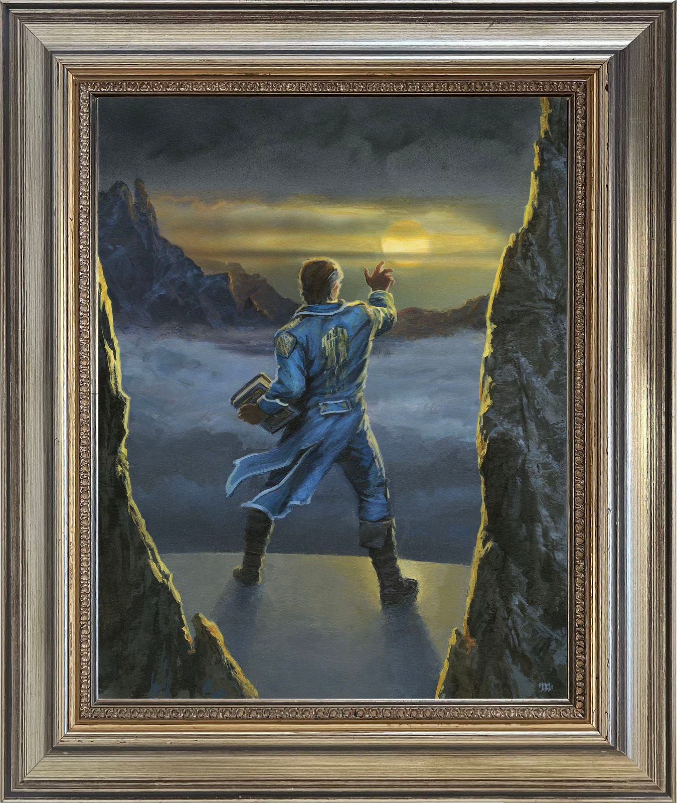 Framed figure study with an obstructed view through a stone passage to where Dalinar Kholin is standing on a high platform looking out over a valley from high above. The sky is clouded and pale yellow where the sun shows through. He reaches out with one hand while cradling a large book in the other. He wears the traditional Alethi uniform with a long coat with tails carried by the wind.