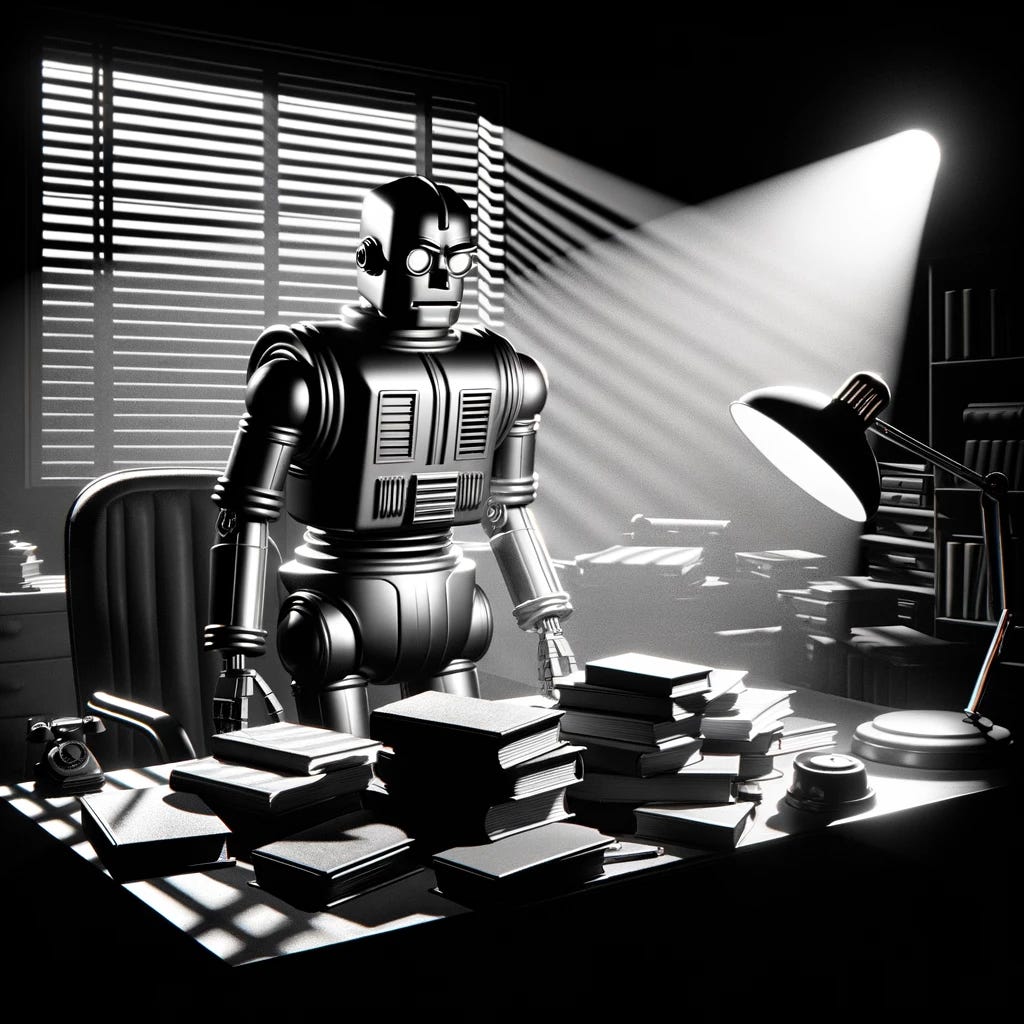 A black and white image of a boxy humanoid robot standing over a desk with lots of books and a lamplight shining a light on them.  The robot's face is furrowed and concerning.