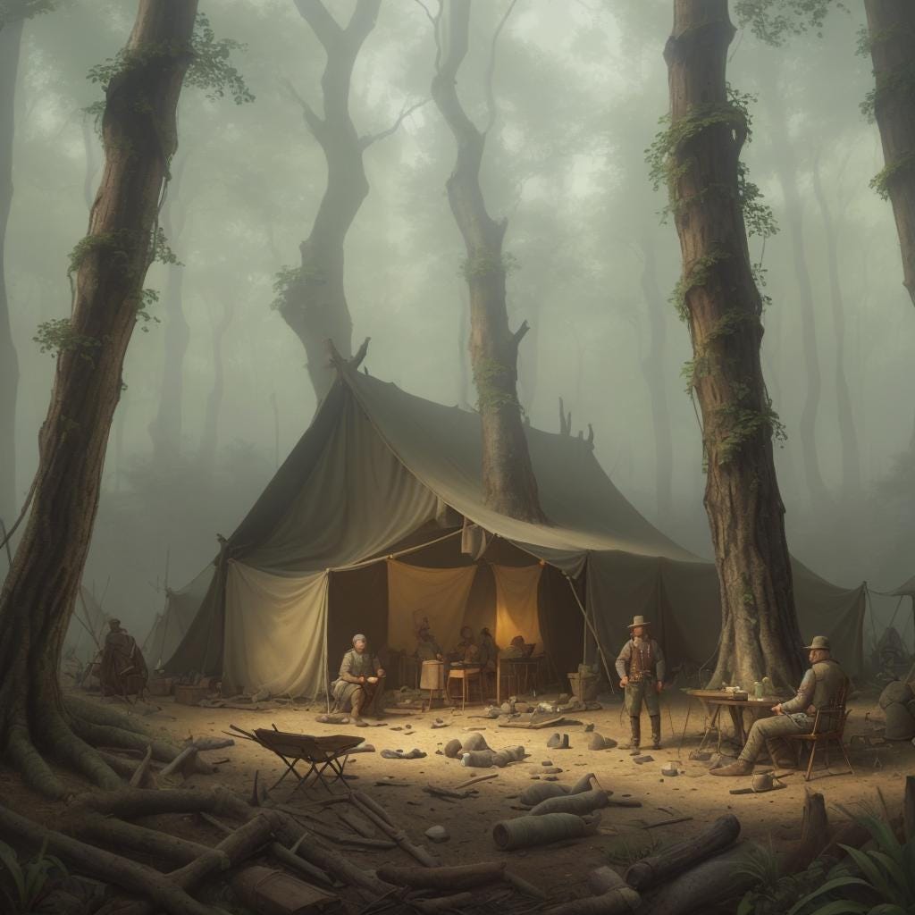 A civil war camp in a fantasy forest, tending to many injured soldiers.