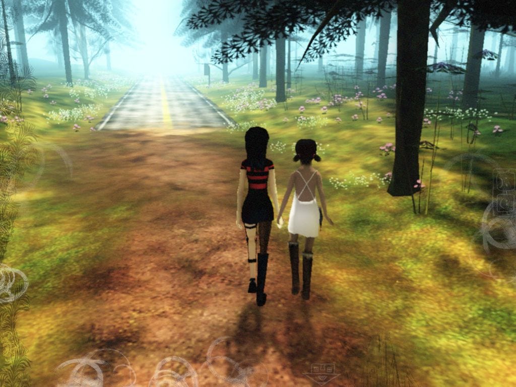 A picture of the Girl in White walking hand in hand with Ruby, a sister we are not covering for the purposes of this article. She is leading her back to the start of the path.