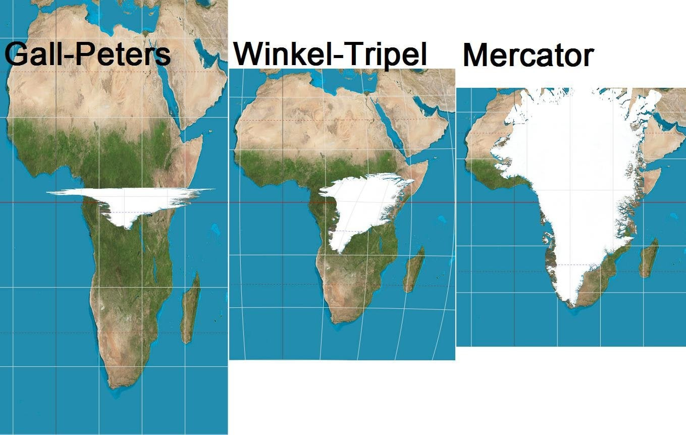 Gall-Peters vs. Winkel vs. Mercator. Details in comments [OC] [1359x862] :  r/MapPorn