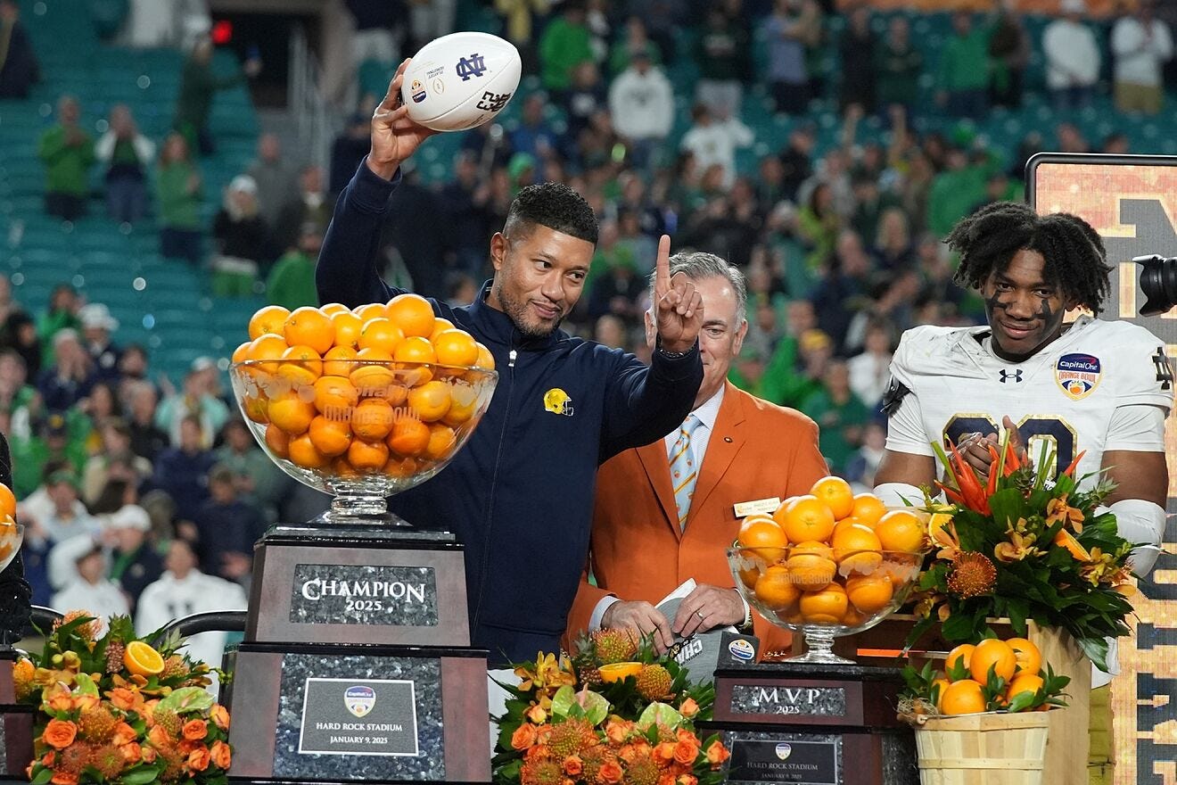 Notre Dame head coach Marcus Freeman after winning the Orange Bowl...