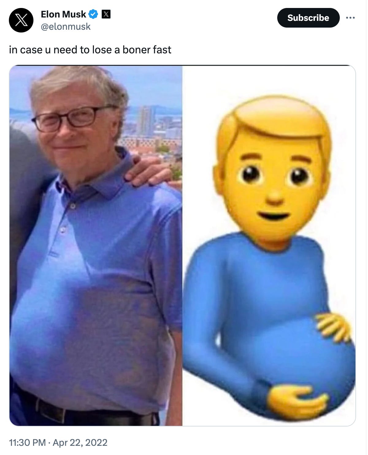 Musk Tweet showing picture of Bill Gates next to emoji of male-presenting pregnant person with caption "in case u need to lose a boner fast"