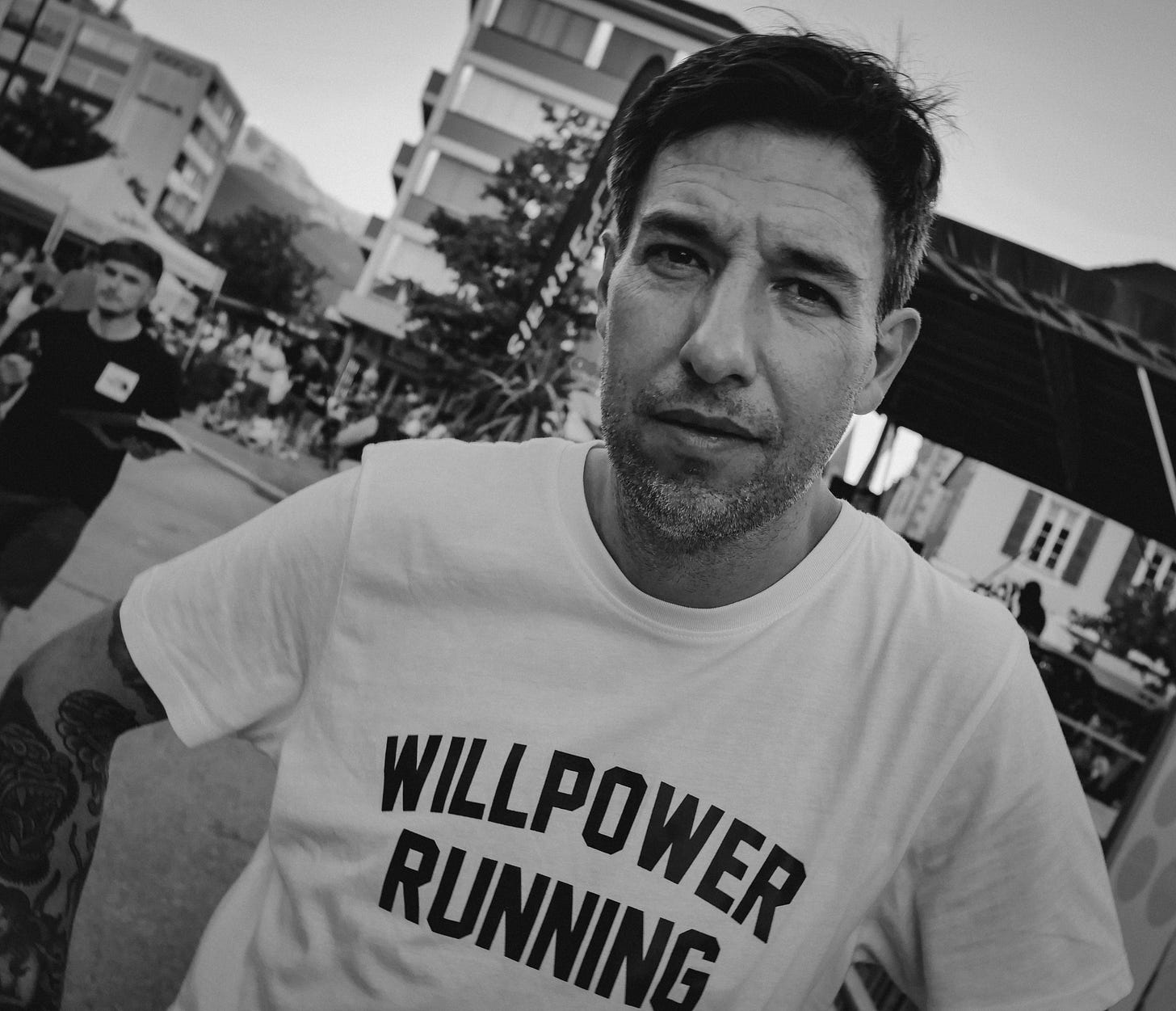 The author wearing a Willpower Running shirt