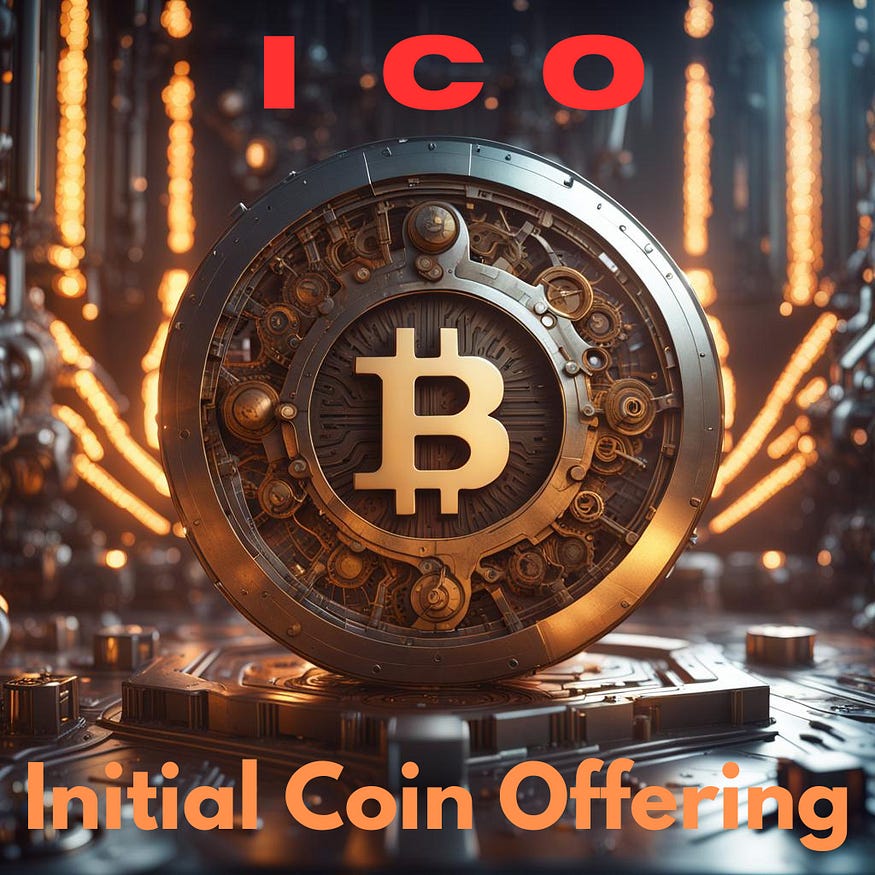 There is a big coin with Bitcoin sign on it and it is written ICO Initial Coin Offering