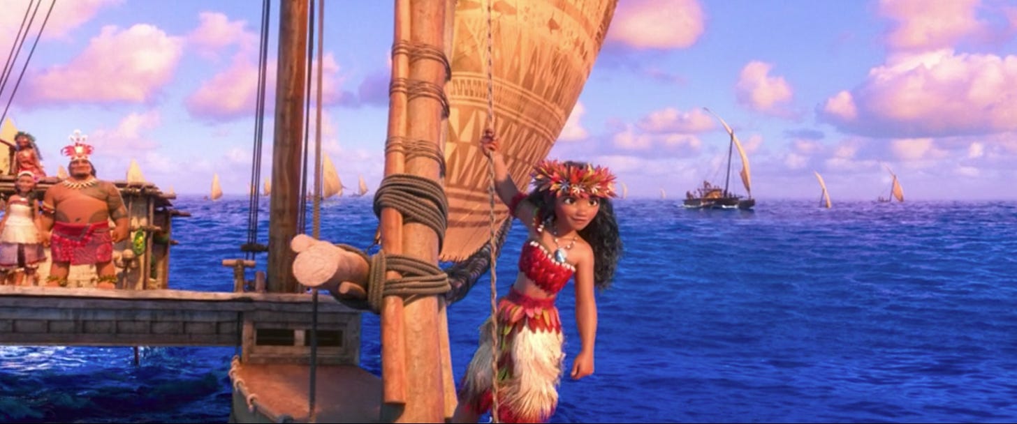 Image of Moana leading a sailing fleet. Moana. Disney. 2016.