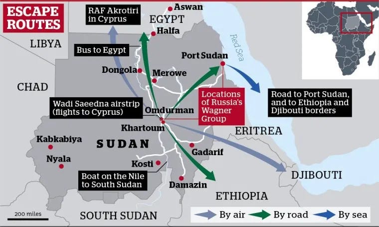 The escape routes from Sudan, and recorded locations of Wagner fighters (Photo: iNews)