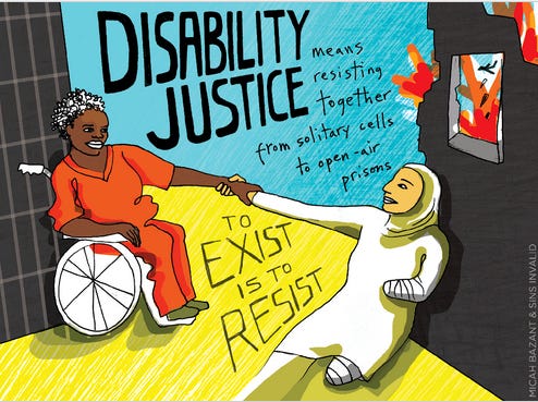 [#ImageDescription: A Black woman in an orange jumpsuit in a wheelchair holding hands with a Palestinian woman in a pale jilbāb. There are two grey walls, one has a window showing flames. The text above and between them reads: DISABILITY JUSTICE means resisting together from solitary cells to open-air prisons TO EXIST IS TO RESIST.]