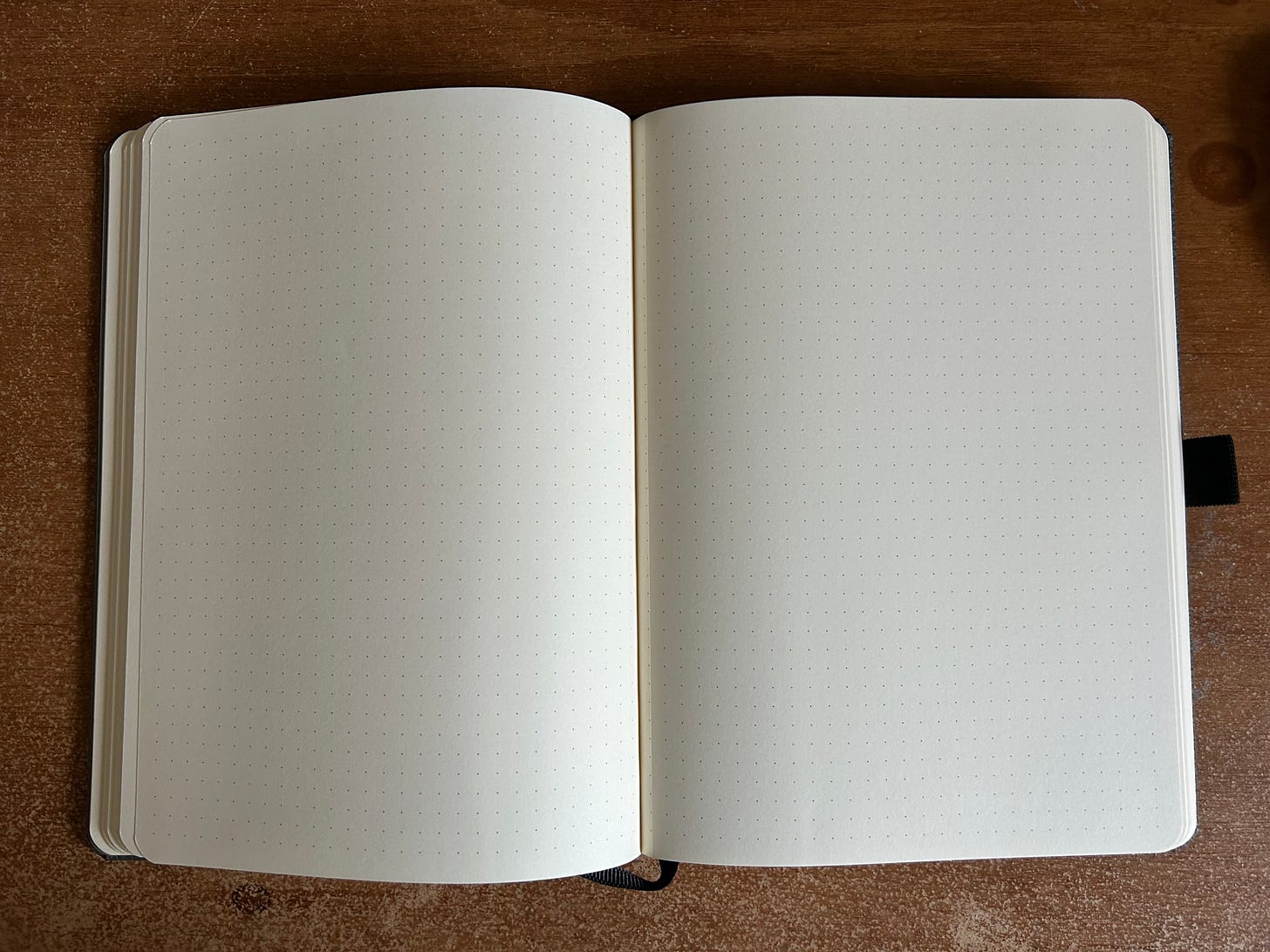 A notebook opened on a desk with blank pages. This notebook is made by Dingbats. Image: Roland Millward