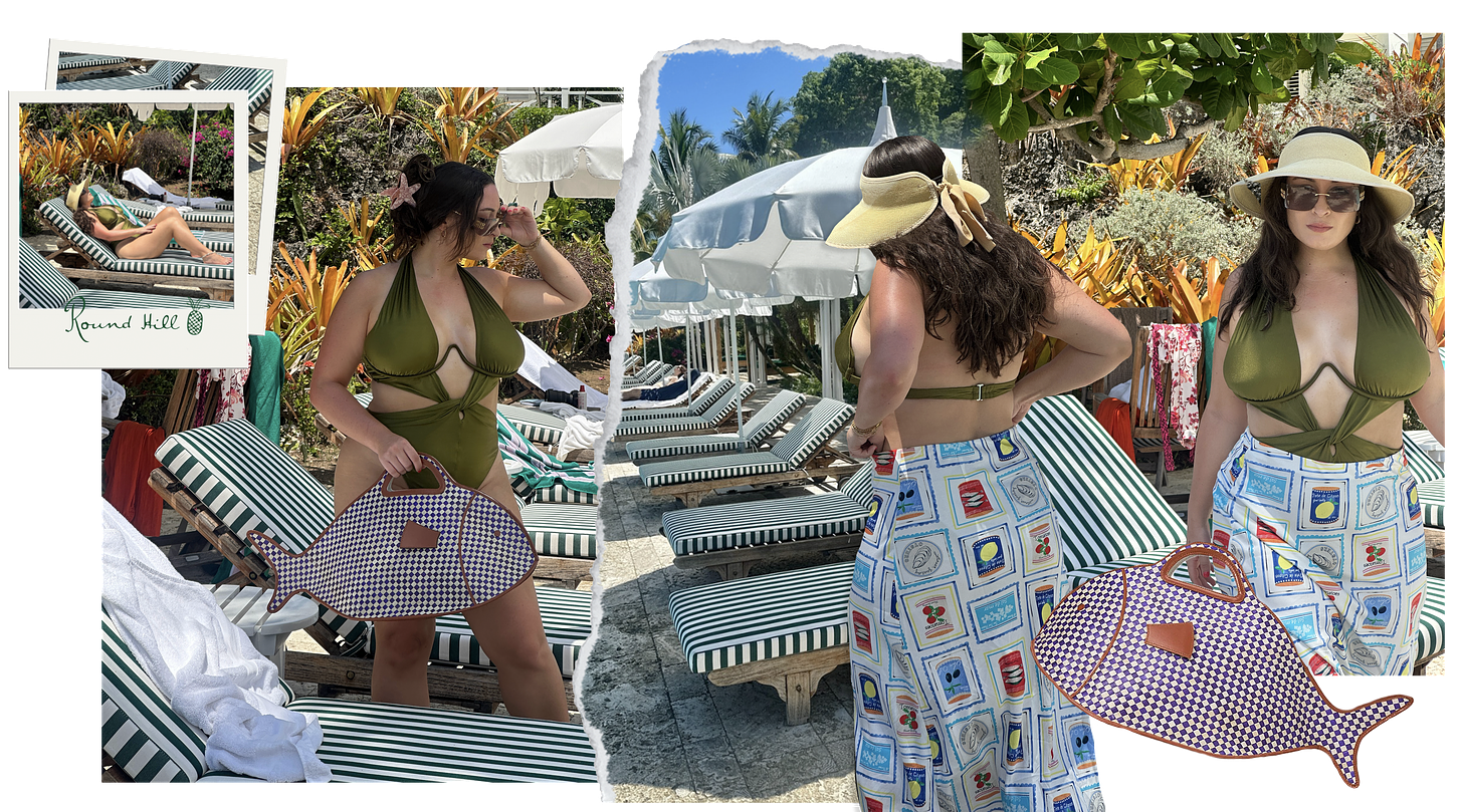 Images of Bella in an Andrea Iyamah swimsuit and Loft skirt lounging poolside at Round Hill in Montego Bay, Jamaica