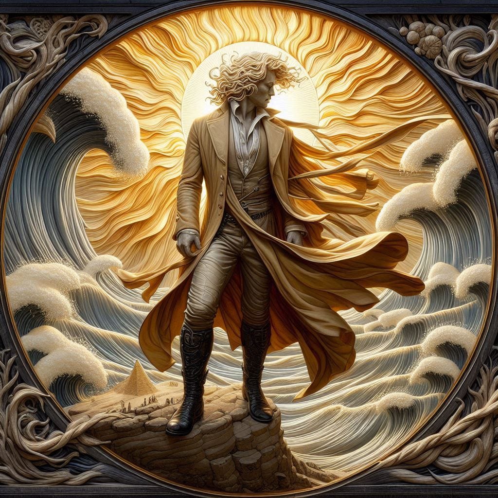 resin sun inside glass; tiltshift /flying at angles/ 8d angled glass embedded /beautiful, heroic, strong handsome, rotund Asian man / velvet blonde, cream, ivory long coat/ black leather boots. water in resin/ ; he is at Monks mound at Cahokia / amber cream,tsunami full of fire/ reverberating waves. black hole in floor/ water in resin verdigris/ In the style of Michael Parkes. black etching/ black linework/ daytime sky/fluffy clouds 