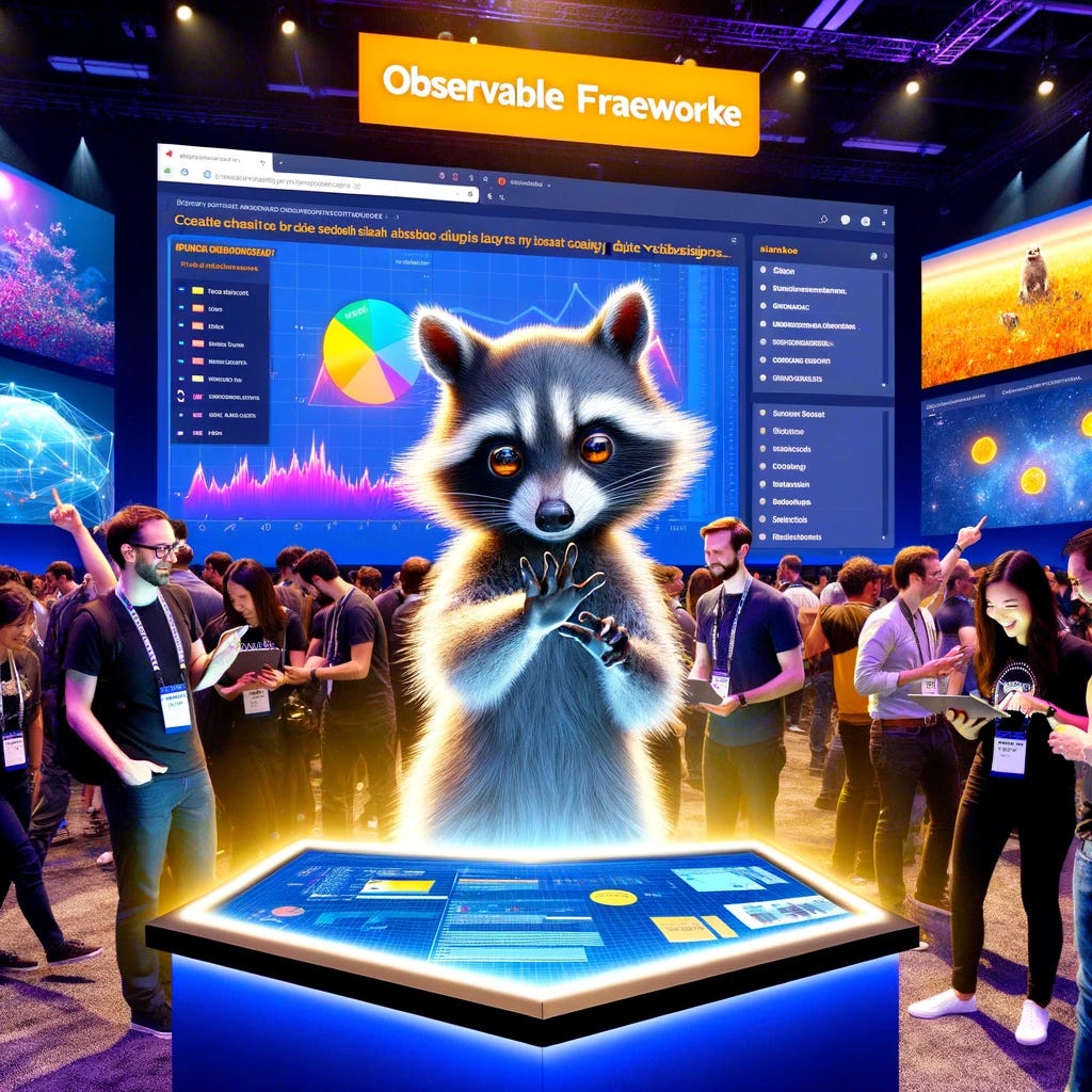 A vibrant, dynamic scene at a web development conference, where developers are gathered around various displays showcasing interactive, data-driven websites. In the foreground, a clever raccoon is interacting with a touch screen, manipulating data visualizations with ease. This scene captures the essence of the Observable Framework's capability for creating easy static data websites, highlighting the ease of use and the power of data visualization in modern web development.