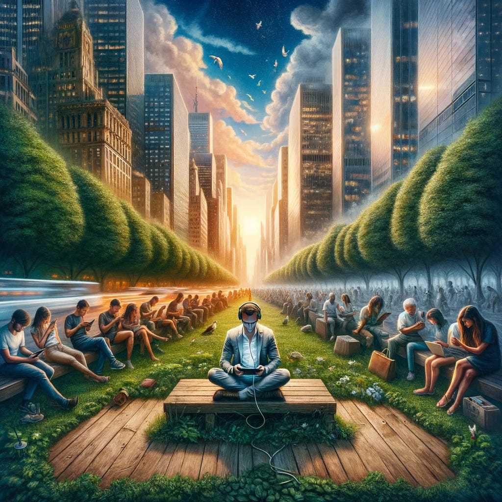 An evocative image capturing the essence of contemplation in a world dominated by speed and constant stimulation. The artwork contrasts two scenes: on one side, a bustling urban environment filled with people engrossed in their digital devices, symbolizing the relentless pace of modern life and the obsession with quick results. On the other side, a serene and peaceful setting where an individual sits quietly in a lush green park, deeply immersed in thought, symbolizing the practice of contemplation. This individual is disconnected from all gadgets, embracing the beauty of stillness and the richness of the present moment, highlighting the challenge and importance of finding tranquility in a fast-paced world.