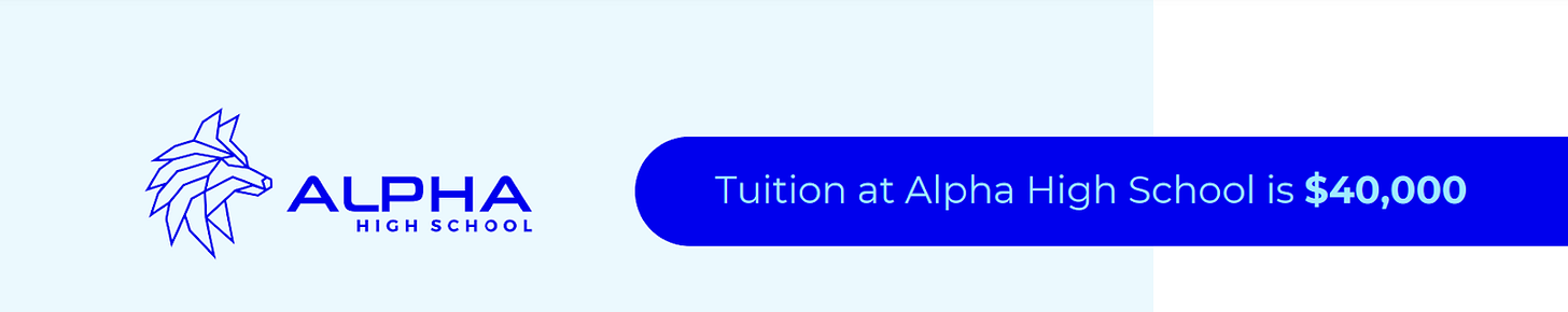 A screenshot from a tuition PDF saying "Alpha High School" costs $40,000 per year.