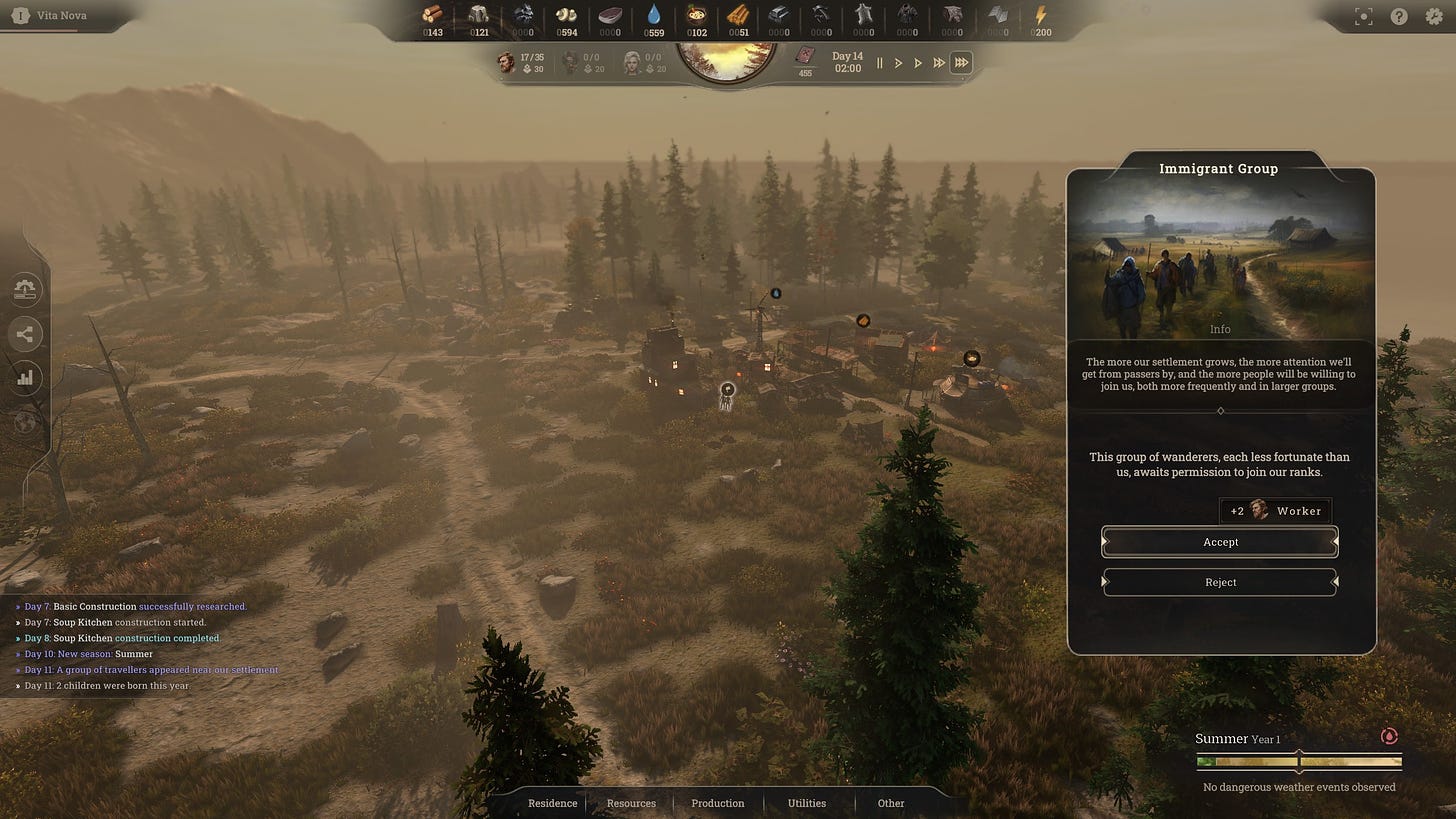 A screenshot of the game New Cycle in Early Access, showing the pop-up window for a new Immigrant Group that may join the settlement, which appears at the centre on a sunny day.