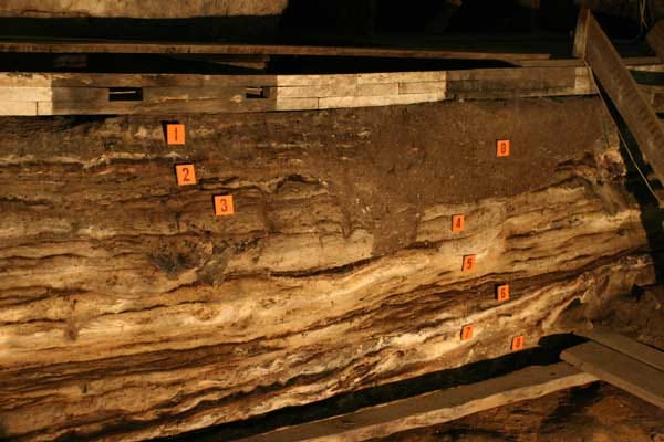 A sediment section with labels showing different layers A sediment section with labels showing different layers