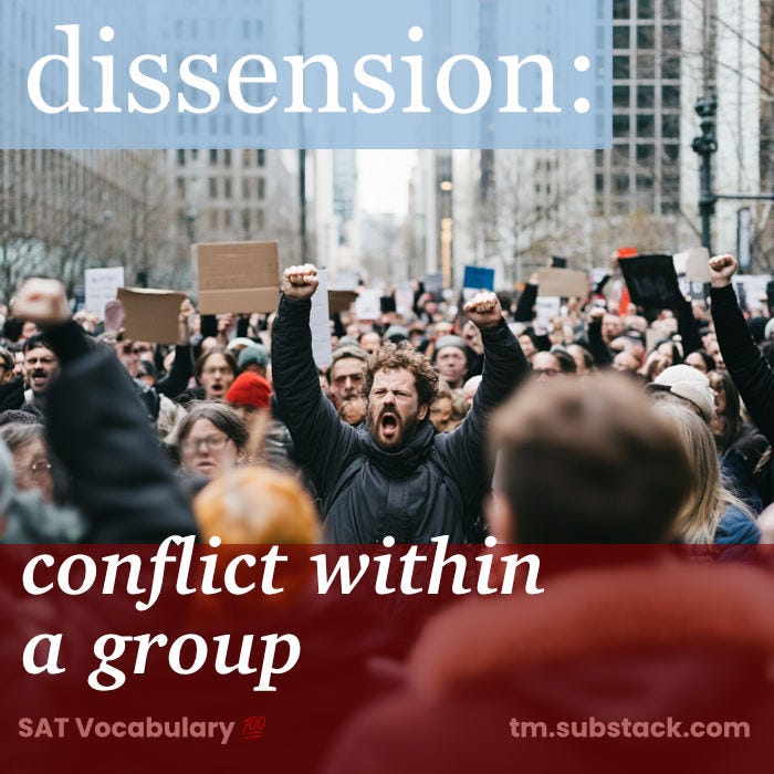 Illustration of an outdoor, urban protest showing people in disagreement. Used to illustrate the SAT word 'dissension'.