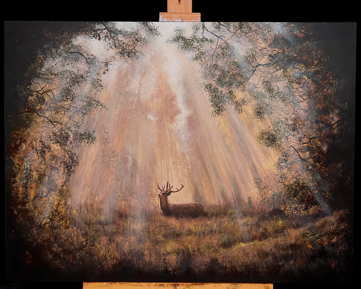 A painting of a deer in a sunlit forest that's not too bad actually