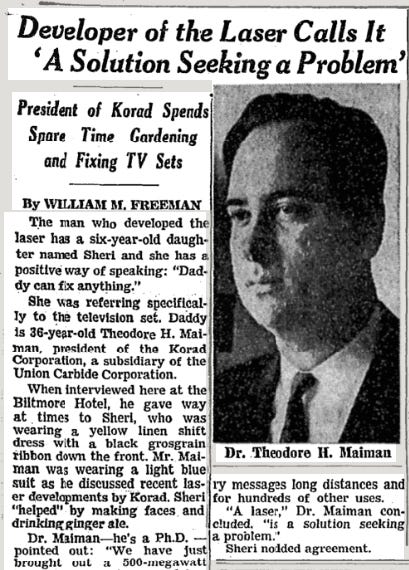 Black and white newspaper excerpt with a picture of Maiman at right. Black and white newspaper excerpt with a picture of Maiman at right.