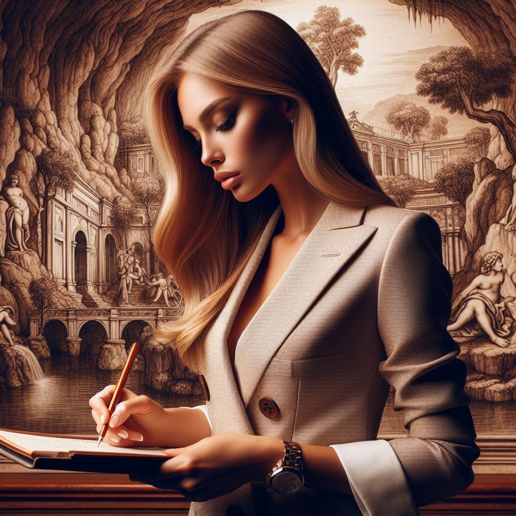 show me an elegant curvacious female Professor mom with long straight blonde hair dressed in St John suit in silhouette on sabbatical researching a Renaissance grotto in the style of the grotta grande in the boboli gardens 