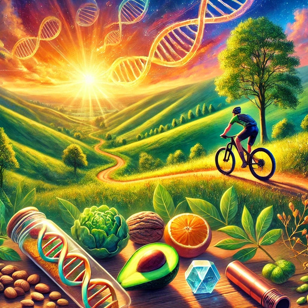 A vibrant oil painting featuring elements of mountain biking, natural landscapes, and symbols of health and vitality. A winding trail runs through rolling green hills beneath a warm, glowing sky, symbolizing energy and longevity. In the foreground, nutrient-dense foods like avocados, nuts, and leafy greens are arranged on natural rocks, emphasizing the importance of nutrition in health. Subtle DNA spirals blend into the landscape, representing a personalized and scientific approach to wellness. Copper pipes and a natural crystal are integrated into the scene, symbolizing Hair Tissue Mineral Analysis (HTMA) and mineral balance. The morning sun rises, casting a golden glow, symbolizing resilience, renewal, and a balanced, holistic approach to life.