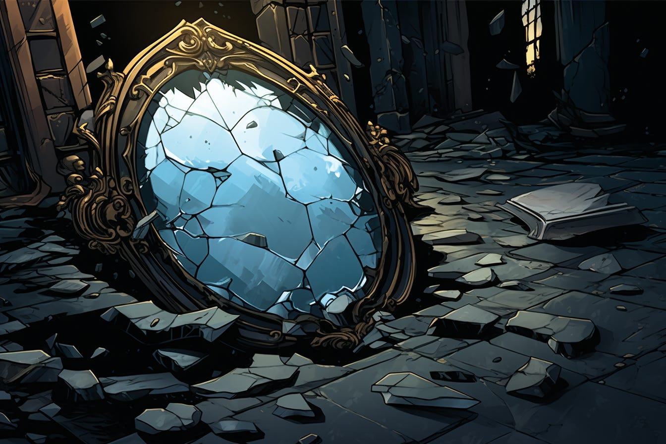 graphic novel illustration of an ornate mirror shattered on the ground