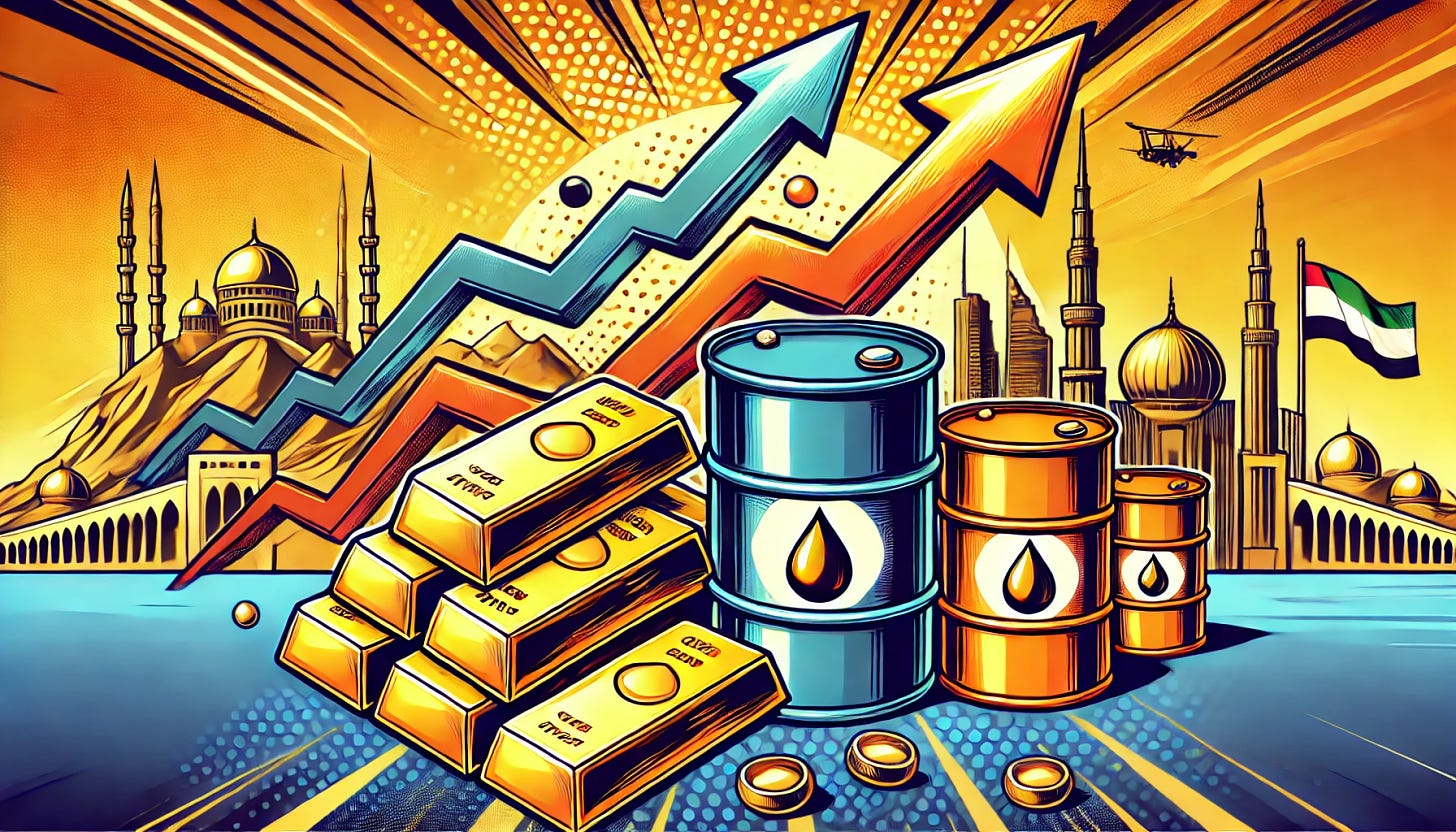 A vibrant, pop-art style illustration in 16:9 format, depicting oil barrels and gold bars dramatically rising in price, with strong dynamic lines and bright colors. In the background, the Middle East is represented with iconic desert imagery and buildings, showing power and influence. The elements are drawn with bold outlines, and there is a sense of movement, making it look energetic and powerful. No water in the scene, and the oil barrels and gold bars should have a polished, shining effect. Incorporate arrows showing an upward trend in the market.