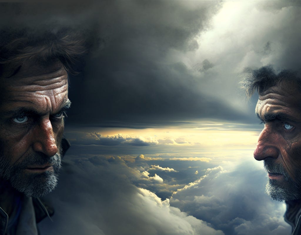 Two men facing each other in the clouds