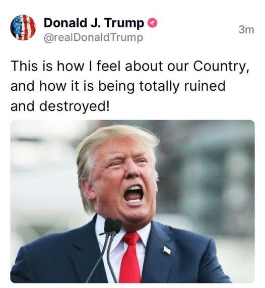 May be a Twitter screenshot of 1 person, standing and text that says 'Donald J. Trump @realDonaldTrump 3m This is how I feel about our Country, and how it is being totally ruined and destroyed!'