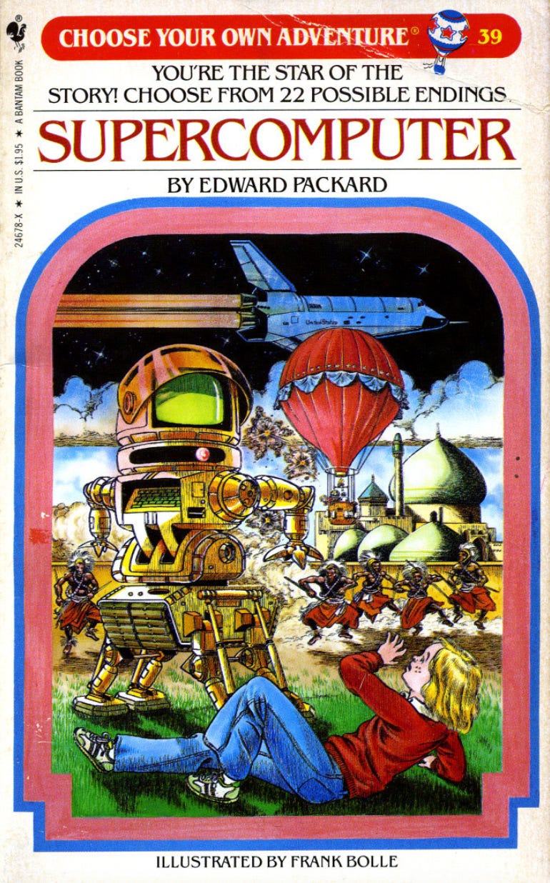 A brightly colored cover of a Choose Your Own Adventure book called SUPERCOMPUTER. The cover shows a young child lying on a grassy verge in a red jumper and blue jeans. Hovering over the child is a large, malevolent looking computer. There is a spaceship flying overhead. The Taj Mahal and a red hot air balloon are also shown in the background