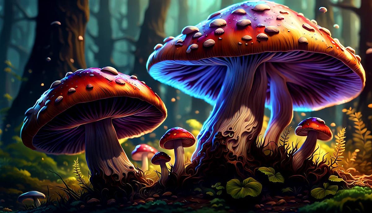 mushrooms with smiling face, hypereal fantasy art