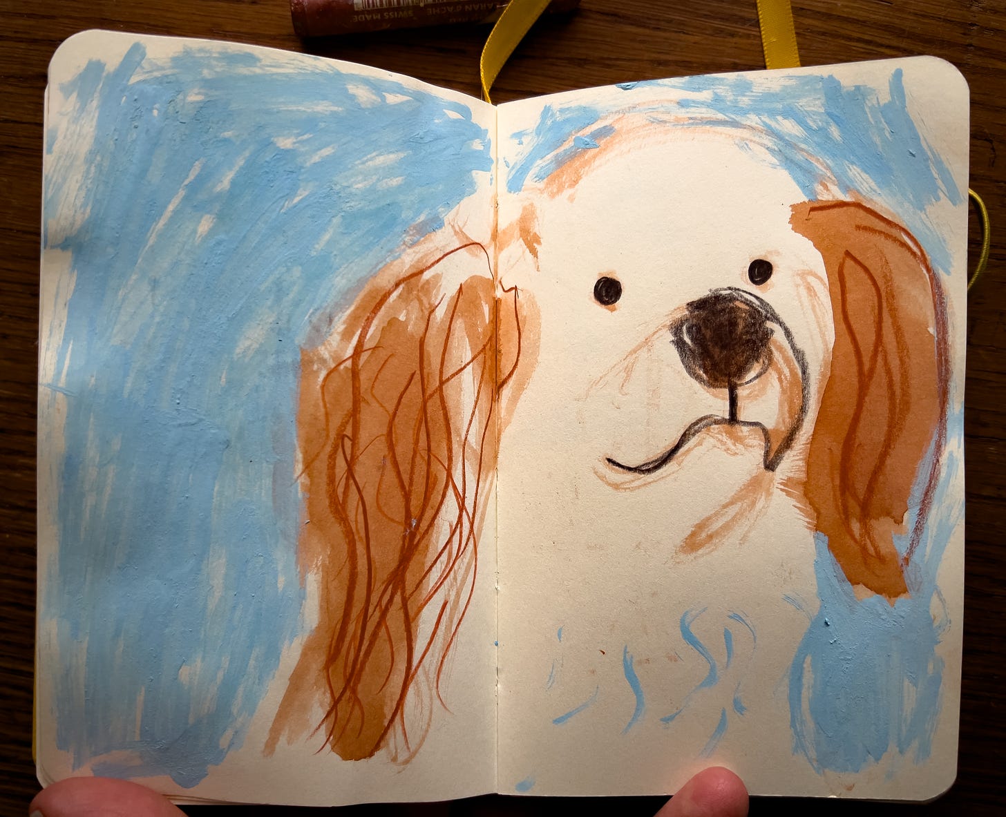 A sketchbook illustration of a white dog with orange floppy ears by Beth Spencer
