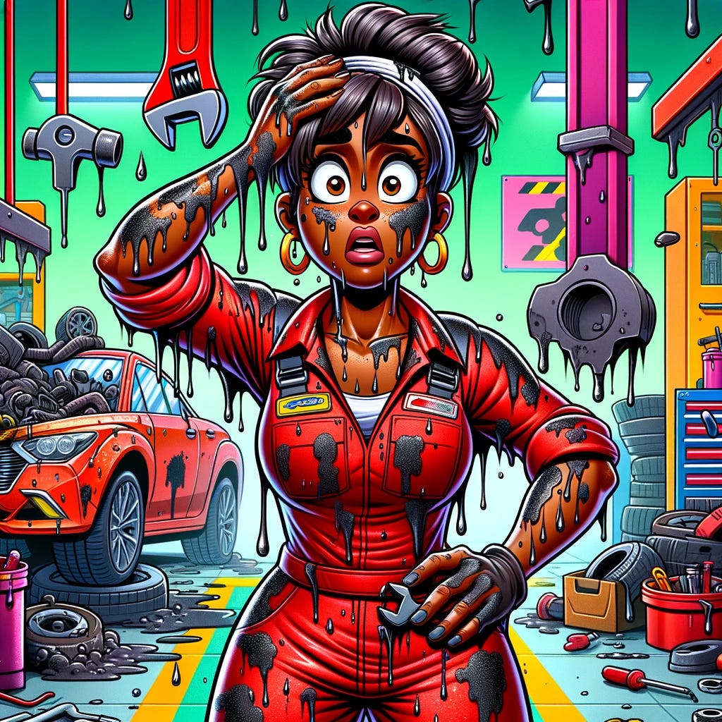 A cartoon-style image of a car mechanic covered in grease, looking stressed. The mechanic, depicted as a cartoon character with exaggerated features, is a middle-aged Black female with a muscular build, standing amidst a colorful auto repair shop. She has a look of concern, with exaggeratedly large eyes and a hand on her head. She's wearing a red jumpsuit full of grease spots and holding a wrench. The background is vibrant, with cartoonish car parts, tools scattered around, and comic-style 'sweat drops' near her head to show stress.