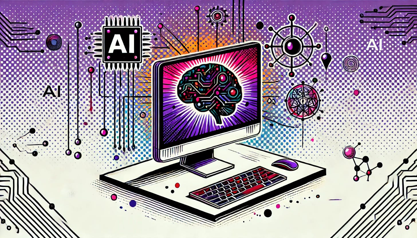 A pop art style illustration representing the concept 'AI is a new kind of computer.' The color palette is restricted to bright purple, bright orange, black, and white, with a white background. The design features a futuristic computer with elements like circuit lines, neural networks, and an AI brain symbol. The scene is clean and simple, visually capturing the idea of AI as a new and advanced form of computer without using any text.