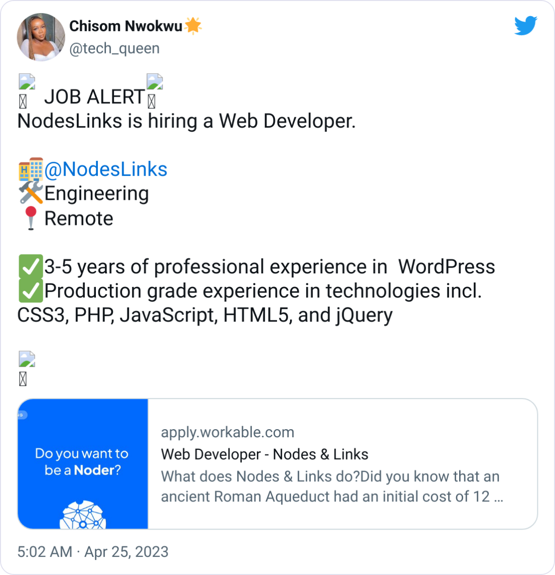 Chisom Nwokwu🌟 @tech_queen 🚨JOB ALERT🚨 NodesLinks is hiring a Web Developer.  🏨 @NodesLinks  🛠️Engineering 📍Remote  ✅3-5 years of professional experience in  WordPress ✅Production grade experience in technologies incl. CSS3, PHP, JavaScript, HTML5, and jQuery  🔗