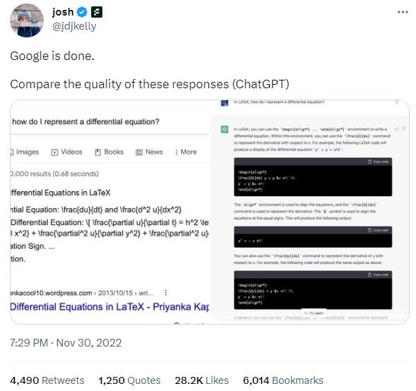Screenshot of the Tweet that reads "Google is done. Compare the quality of these responses (ChatGPT)"